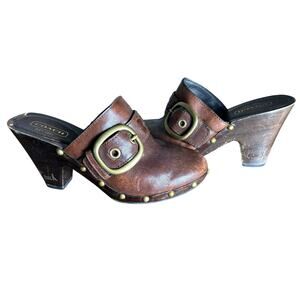 Coach Ileen Heel Clogs 7.5M Studded Leather Brass Buckle Wooden Mules Brown